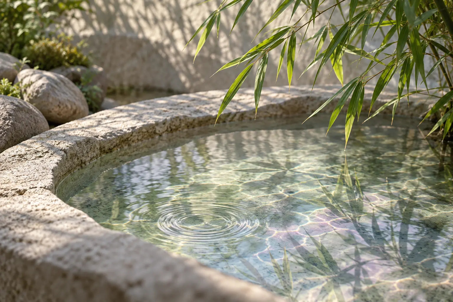 Hojas de bambú sobre agua tranquila, con reflejos suaves en tonos verdes y azulados.