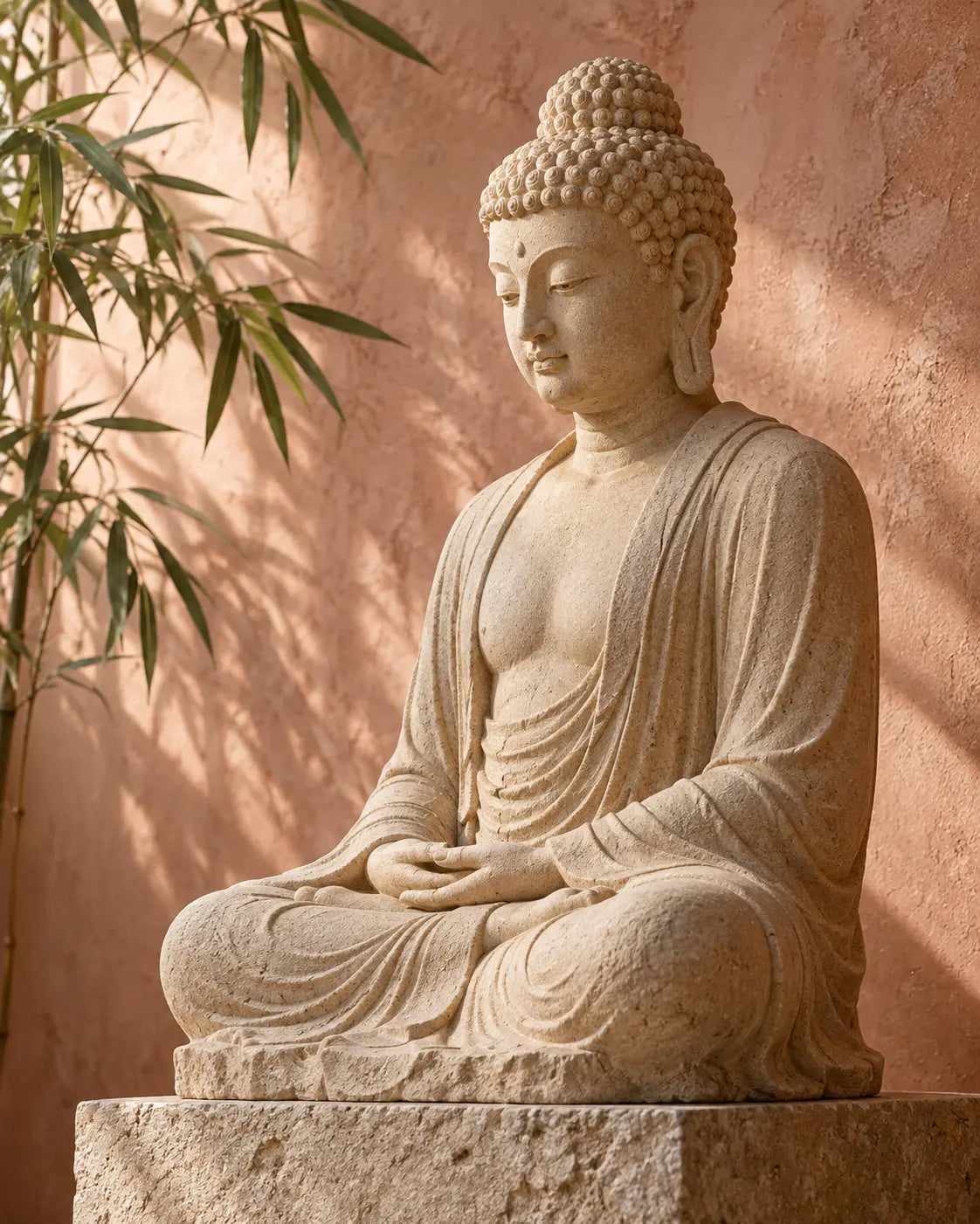 Figura de Buda de piedra clara, con expresión serena, junto a hojas de bambú sobre una pared rosada.