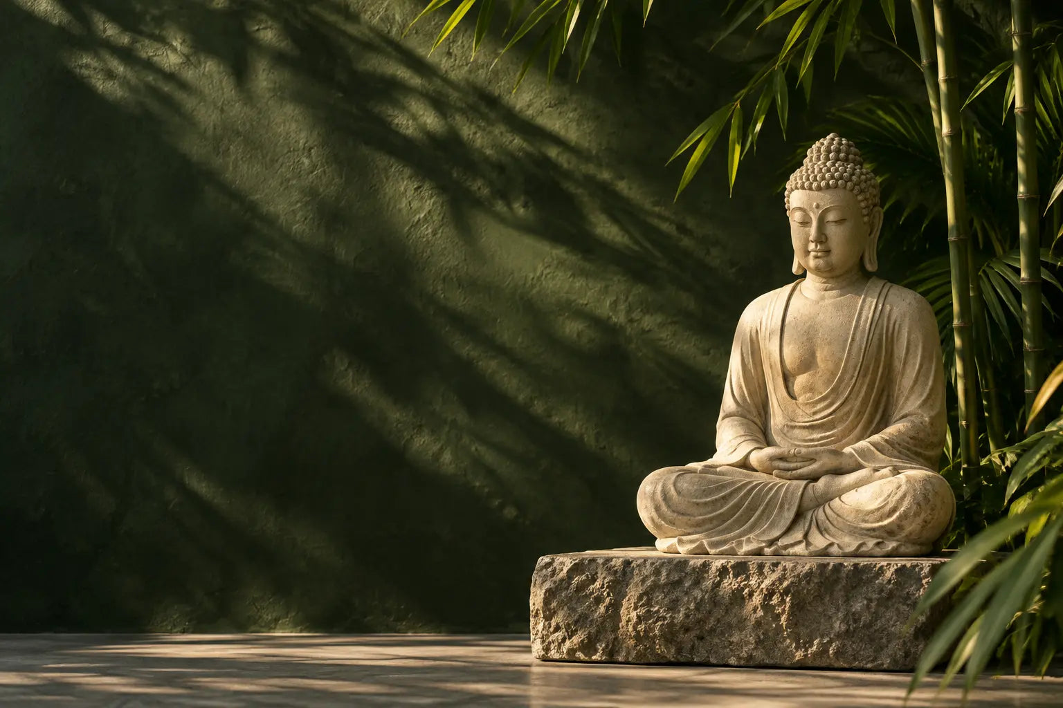 Una figura de Buda en meditación entre hojas de bambú y luz natural sobre un fondo verde.